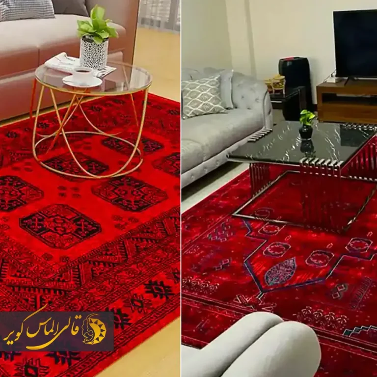 فرش قرمز لاکی با حاشیههای پرنقش و زمینهی یکدست، مناسب فضا